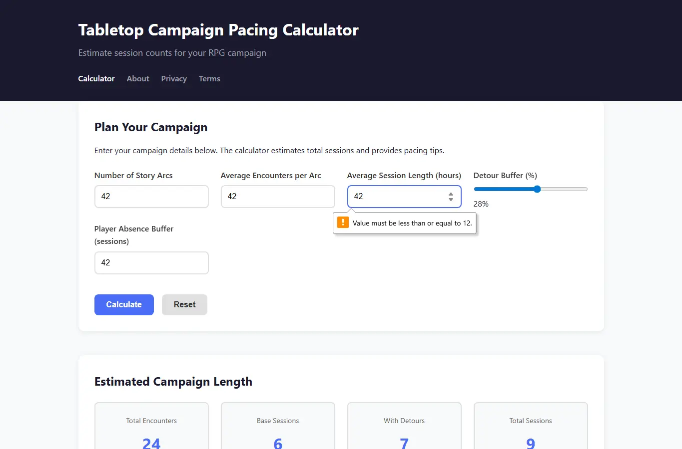 Screenshot of Tabletop Campaign Pacing Calculator interface showing the project page in use